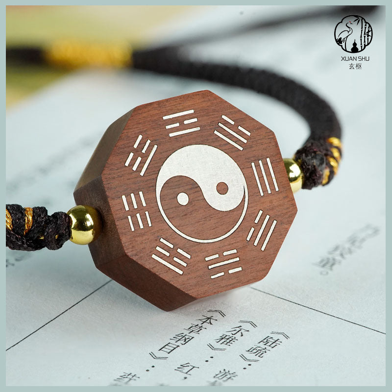 Zao Wood Inlaid Silver Taiji Bagua Braided Vajra Knot Bracelet - Handcrafted Spiritual Jewelry for Balance and Protection