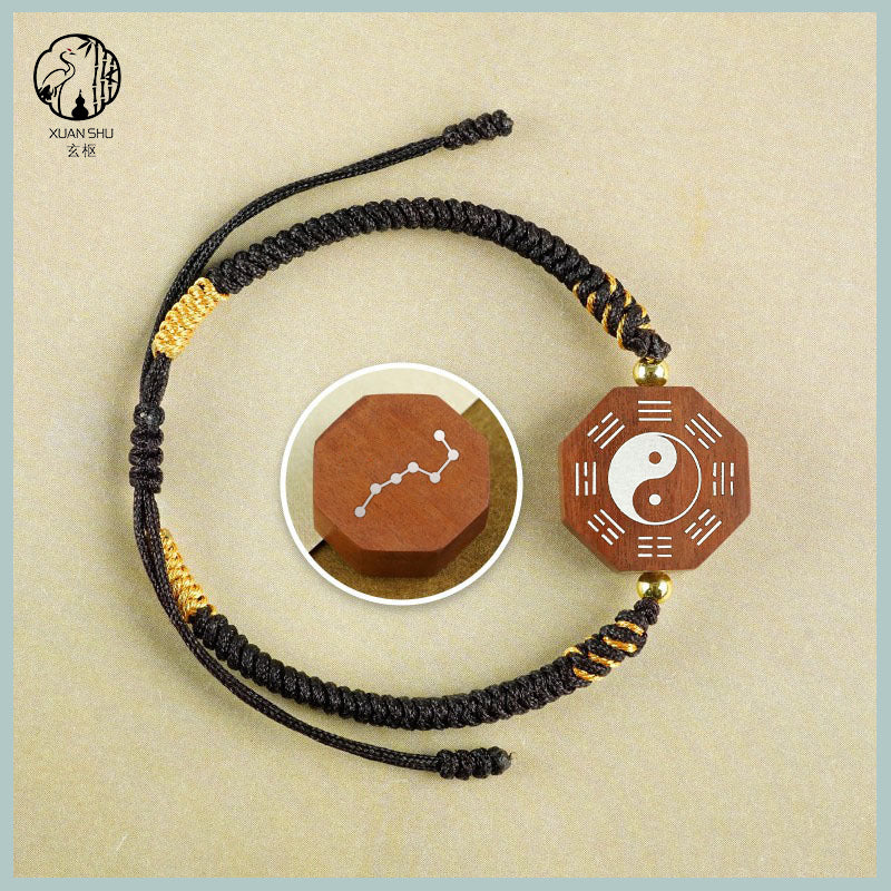 Zao Wood Inlaid Silver Taiji Bagua Braided Vajra Knot Bracelet - Handcrafted Spiritual Jewelry for Balance and Protection