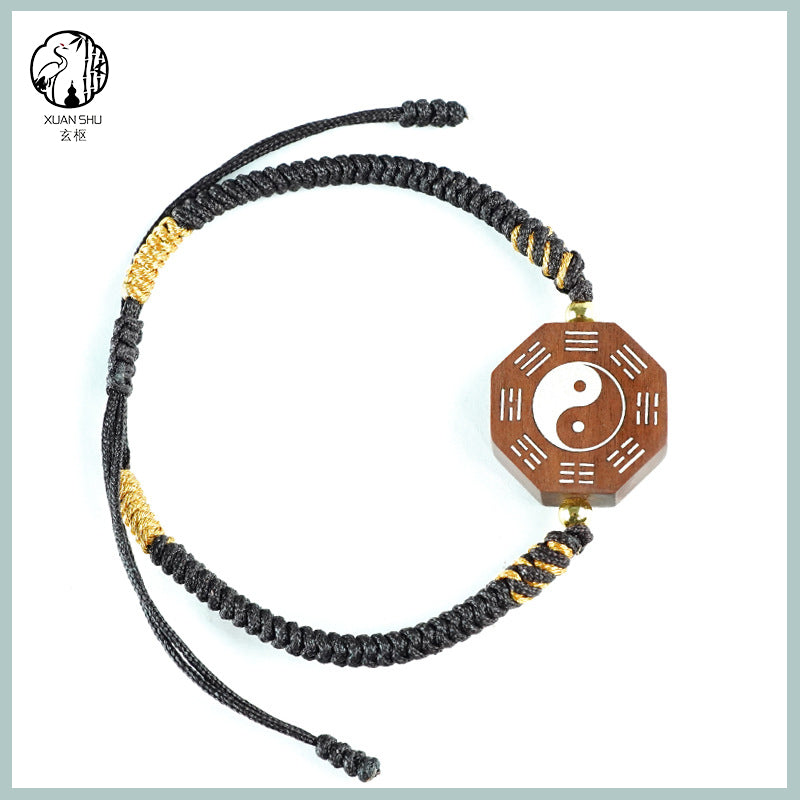 Zao Wood Inlaid Silver Taiji Bagua Braided Vajra Knot Bracelet - Handcrafted Spiritual Jewelry for Balance and Protection