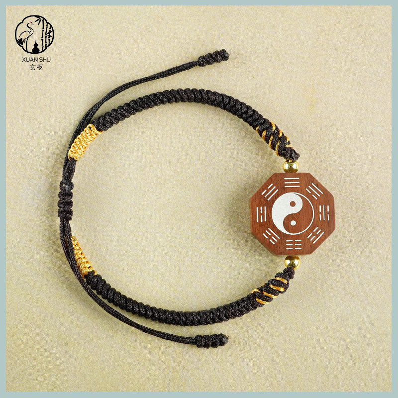 Zao Wood Inlaid Silver Taiji Bagua Braided Vajra Knot Bracelet - Handcrafted Spiritual Jewelry for Balance and Protection