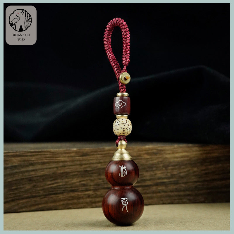 African Purple Sandalwood Gourd Pendant with Removable Lid, Inlaid Silver Double Blessings Gourd Keychain - Peace, Joy, and Good Fortune