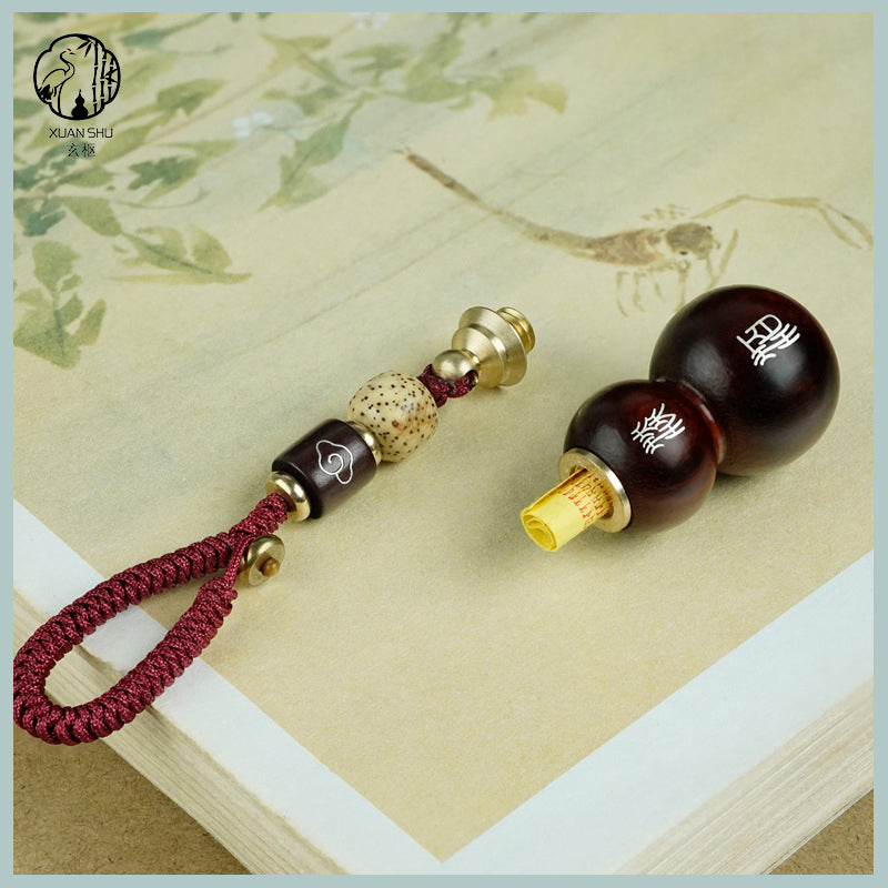 African Purple Sandalwood Gourd Pendant with Removable Lid, Inlaid Silver Double Blessings Gourd Keychain - Peace, Joy, and Good Fortune