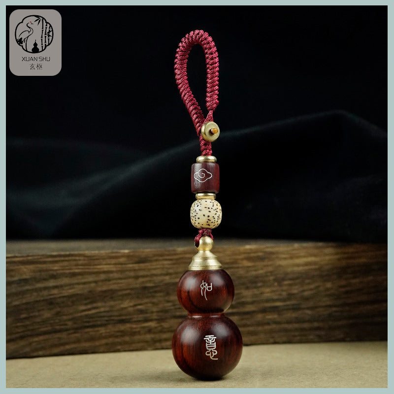 African Purple Sandalwood Gourd Pendant with Removable Lid, Inlaid Silver Double Blessings Gourd Keychain - Peace, Joy, and Good Fortune