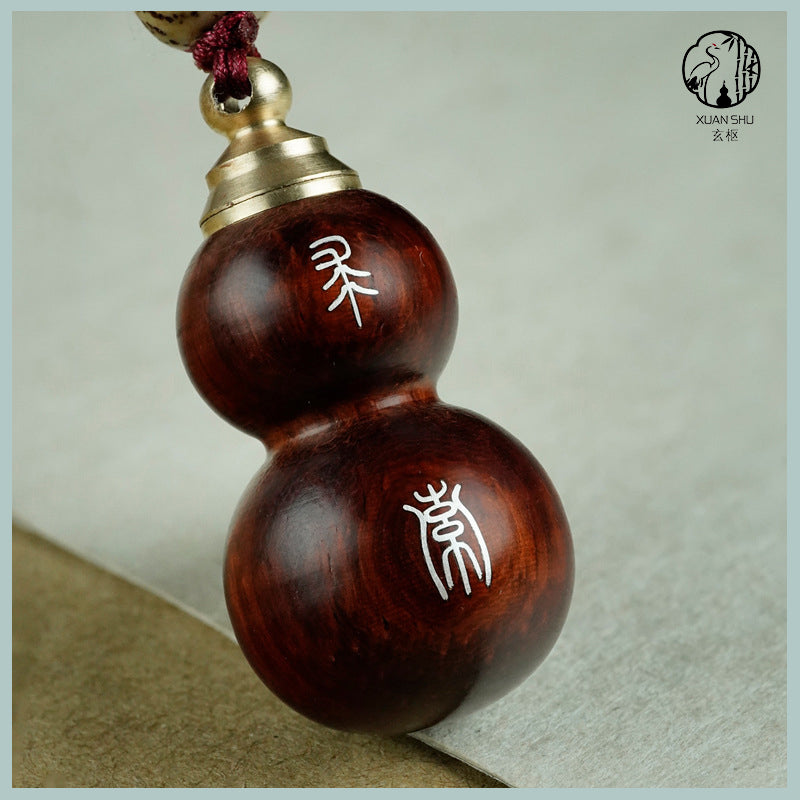 African Purple Sandalwood Gourd Pendant with Removable Lid, Inlaid Silver Double Blessings Gourd Keychain - Peace, Joy, and Good Fortune