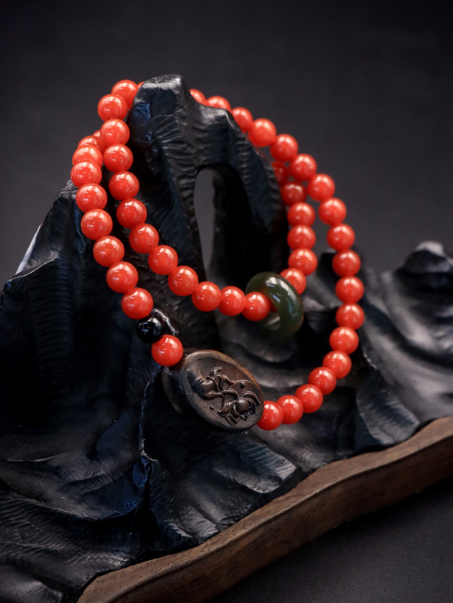 Spiritual Harmony Bracelet - Red Agate, Green Jade & Agarwood Rose Charm