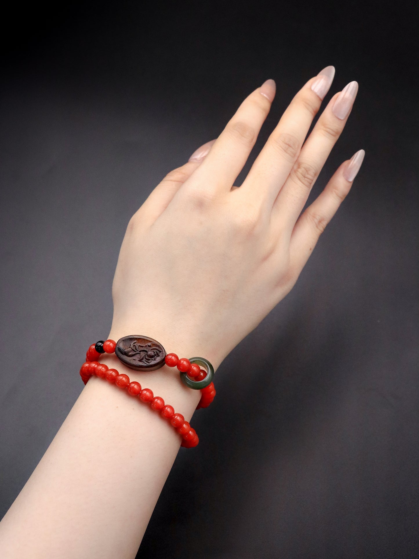 Spiritual Harmony Bracelet - Red Agate, Green Jade & Agarwood Rose Charm