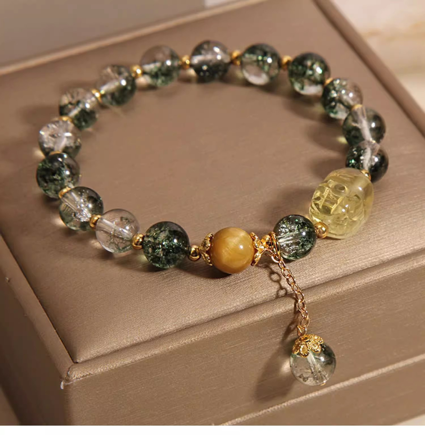 Sakura Green Phantom & Natural Citrine Pixiu Bracelet - Crystal Energy for Wealth, Protection & Emotional Healing Xuan Shu