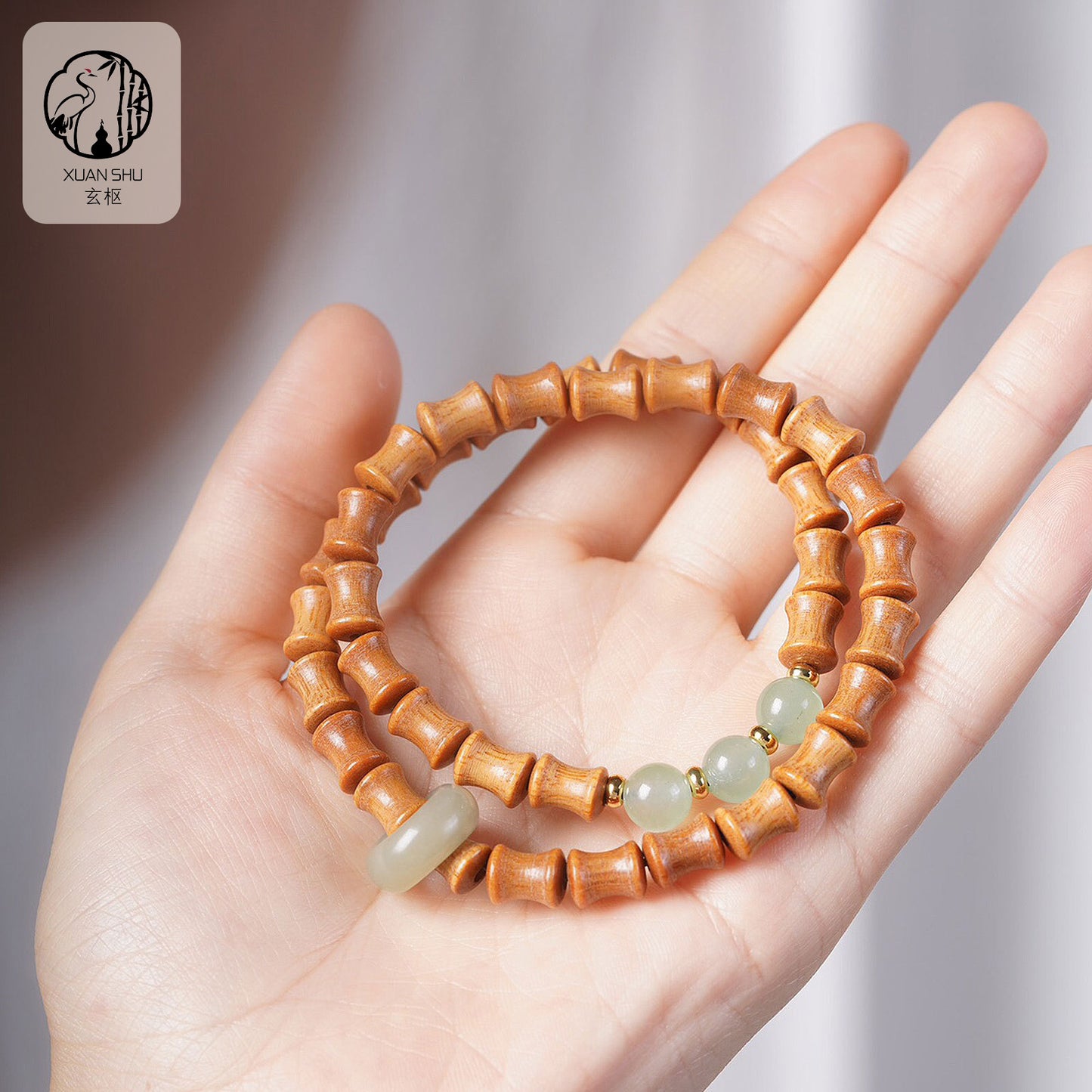 Bamboo Bead & Gemstone Sandalwood Bracelet — Double Circle Design to Attract Prosperity & Good Relationships