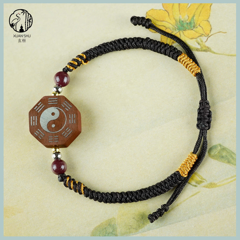 Zao Wood Inlaid Silver Taiji Bagua Braided Vajra Knot Bracelet - Handcrafted Spiritual Jewelry for Balance and Protection