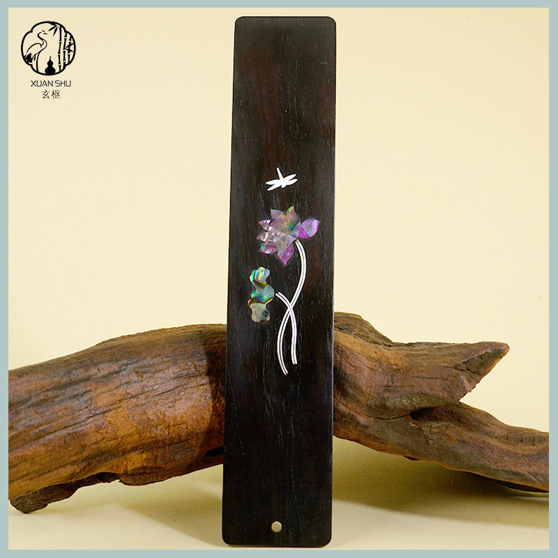 Black Ebony Inlaid Silver & Shell Carved Lotus/Plum Blossom Wooden Bookmark - Elegant Handcrafted Design