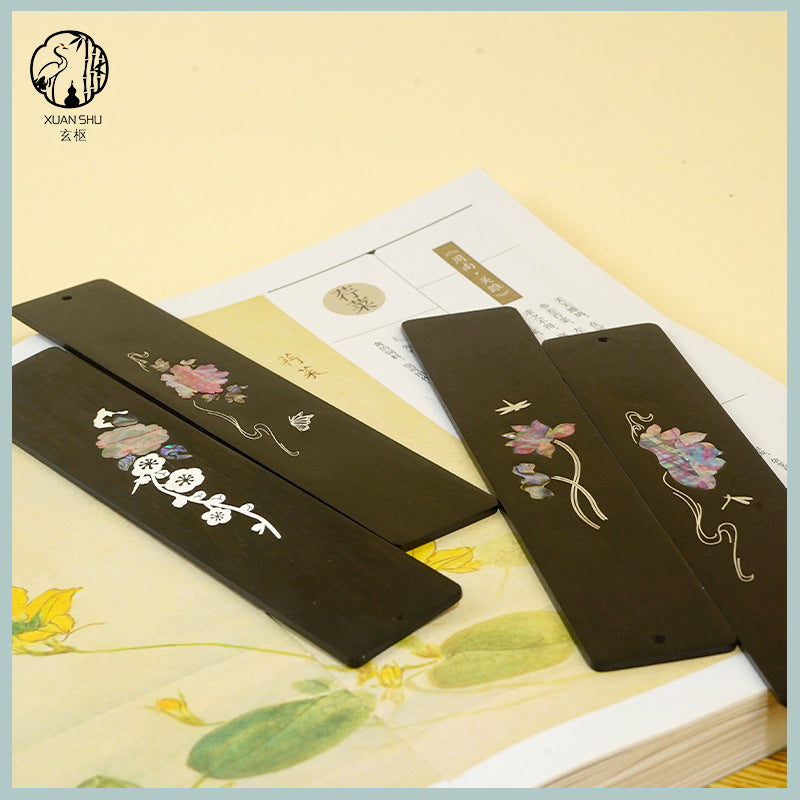 Black Ebony Inlaid Silver & Shell Carved Lotus/Plum Blossom Wooden Bookmark - Elegant Handcrafted Design