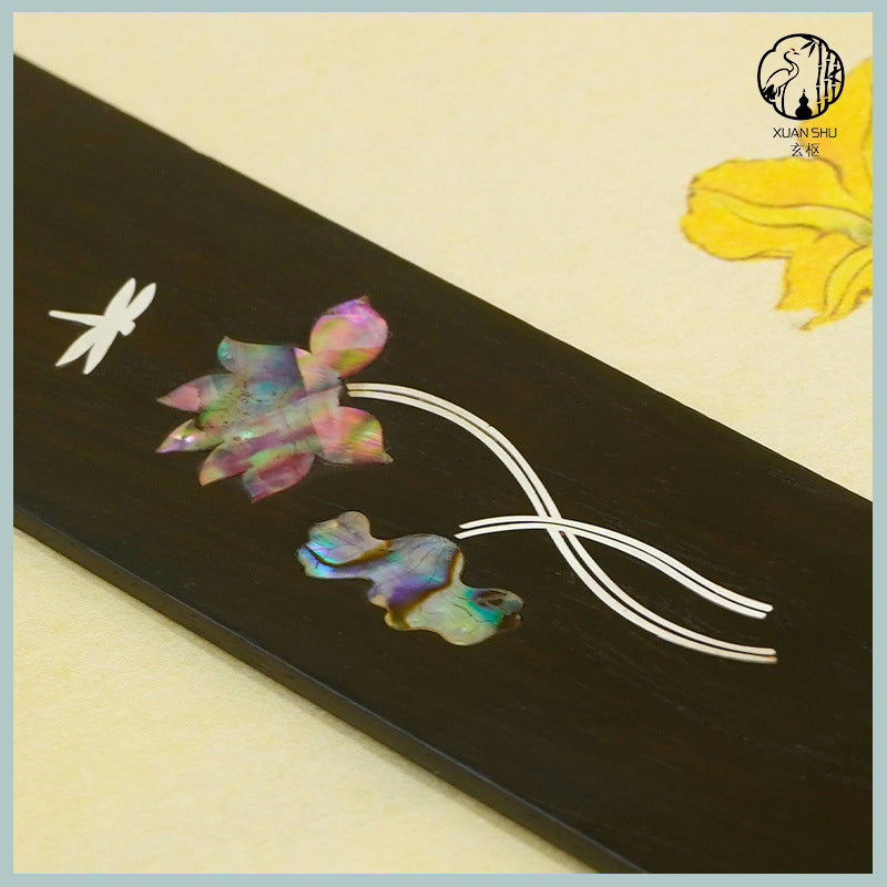 Black Ebony Inlaid Silver & Shell Carved Lotus/Plum Blossom Wooden Bookmark - Elegant Handcrafted Design