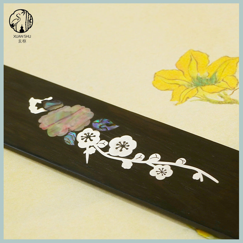 Black Ebony Inlaid Silver & Shell Carved Lotus/Plum Blossom Wooden Bookmark - Elegant Handcrafted Design