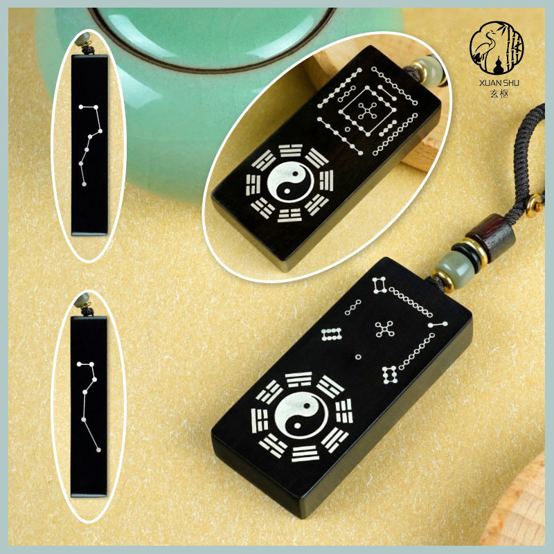 Purple Sandalwood & Black Ebony Inlaid Silver Taiji Nan Luo Shu He Tu Keychain Pendant –spiritual protection balance and prosperity