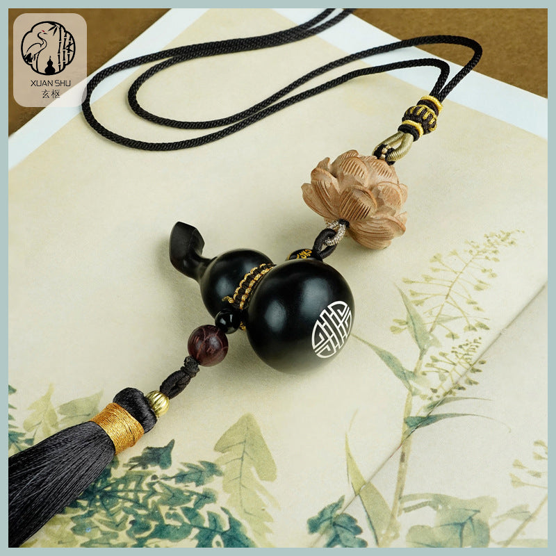Black Ebony with Silver Inlay - "Fortune & Prosperity Gourd" Car Rearview Mirror Pendant for Safety and Peace