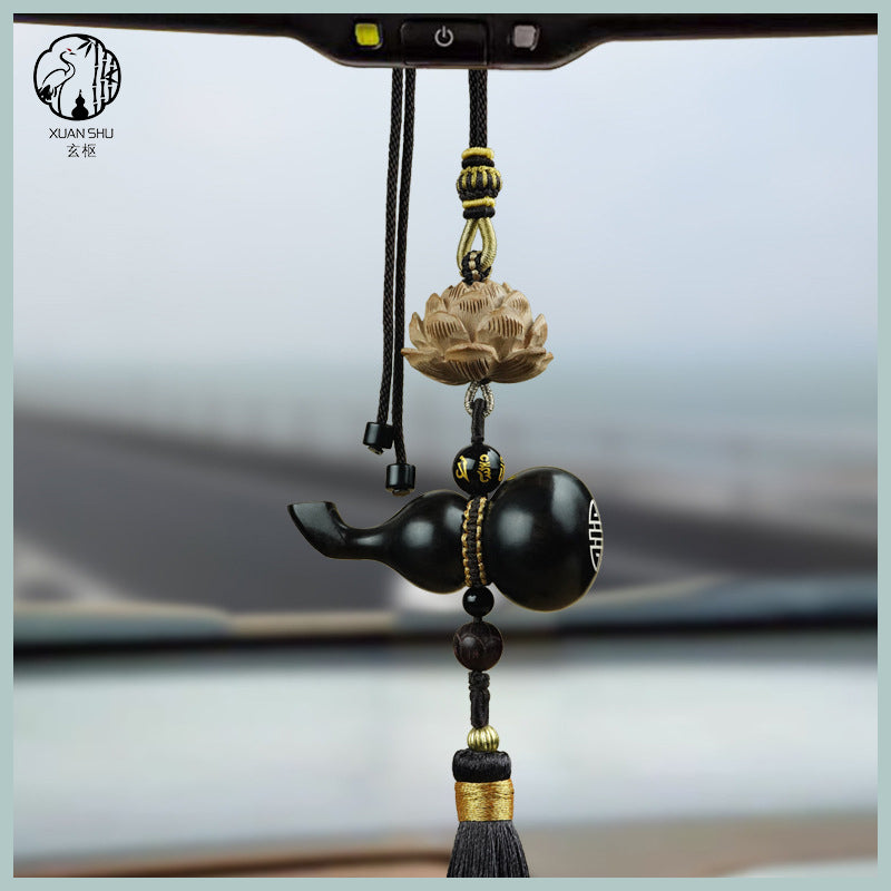 Black Ebony with Silver Inlay - "Fortune & Prosperity Gourd" Car Rearview Mirror Pendant for Safety and Peace