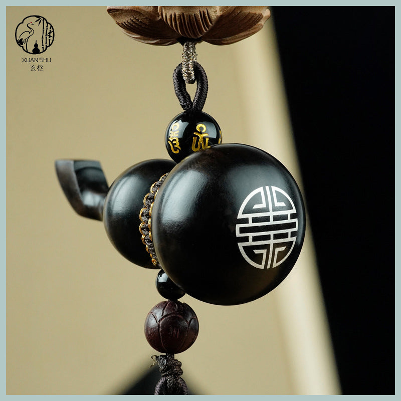 Black Ebony with Silver Inlay - "Fortune & Prosperity Gourd" Car Rearview Mirror Pendant for Safety and Peace