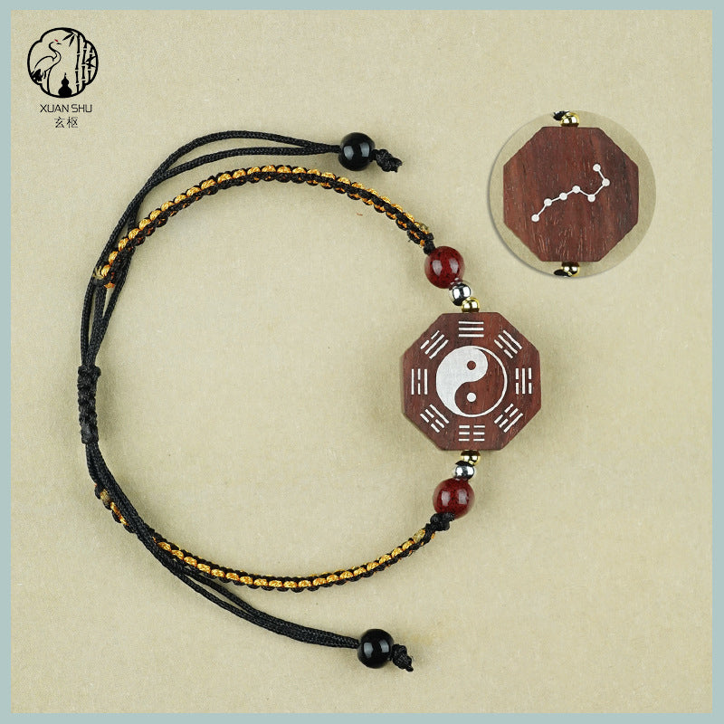 Zao Wood Inlaid Silver Taiji Bagua Braided Vajra Knot Bracelet - Handcrafted Spiritual Jewelry for Balance and Protection