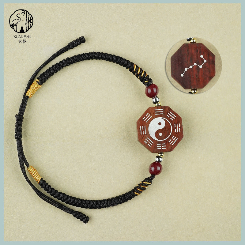Zao Wood Inlaid Silver Taiji Bagua Braided Vajra Knot Bracelet - Handcrafted Spiritual Jewelry for Balance and Protection