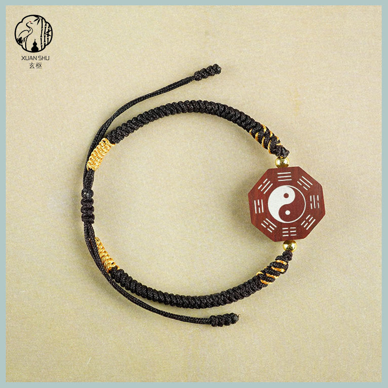 Zao Wood Inlaid Silver Taiji Bagua Braided Vajra Knot Bracelet - Handcrafted Spiritual Jewelry for Balance and Protection