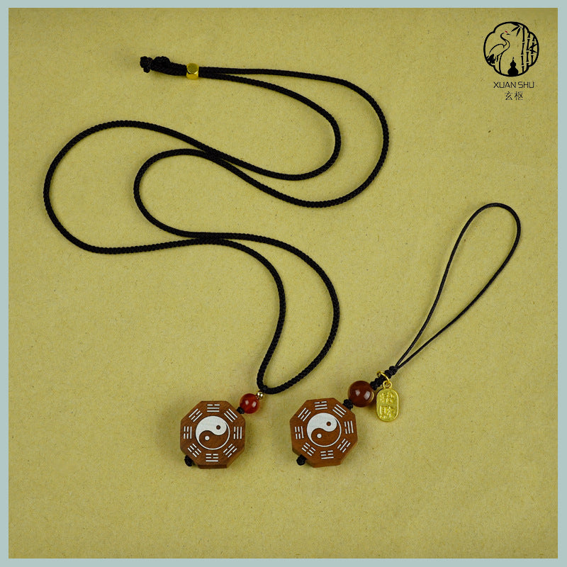 Zao Wood Inlaid Silver Bagua Taiji Pendant Mobile Chain Necklace - Taoist Spiritual Protection & Feng Shui Charm