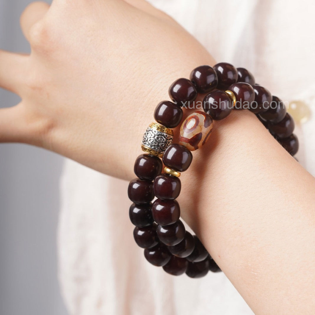 Black Bodhi Root Dzi Beads Double-Wrap Bracelet – Remove Sha Energy & Attract Wealth & Enhance Luck