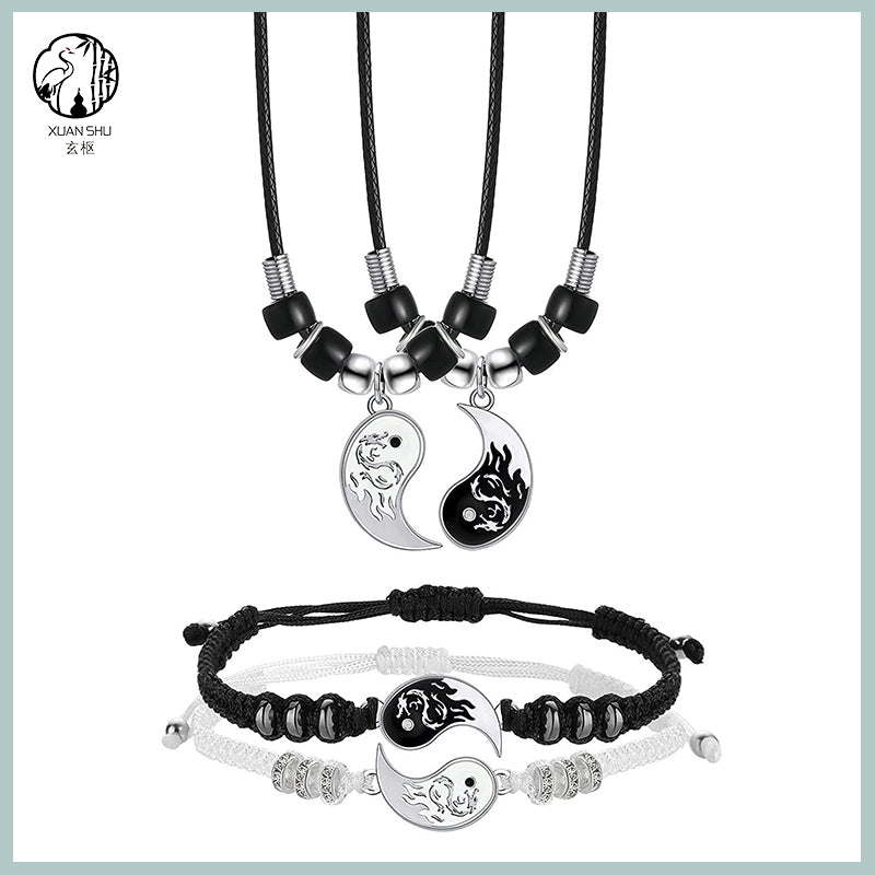 Tai Chi Bagua Dragon Pattern Couple Bracelet and Necklace Set-Dissipating Negative Energy, Attracting Good Luck and Health
