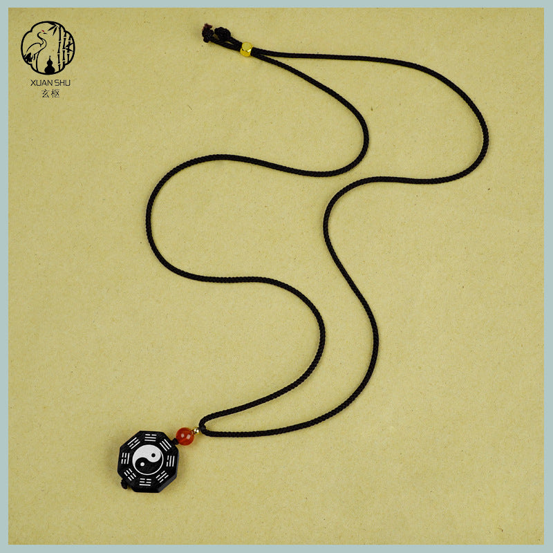 Zao Wood Inlaid Silver Bagua Taiji Pendant Mobile Chain Necklace - Taoist Spiritual Protection & Feng Shui Charm