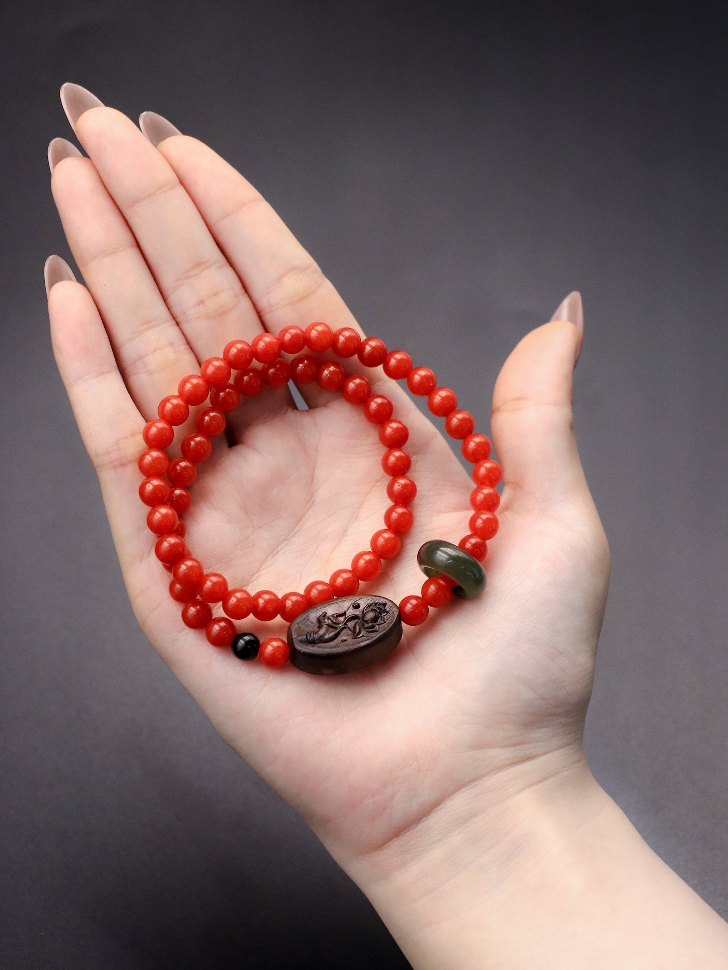 Spiritual Harmony Bracelet - Red Agate, Green Jade & Agarwood Rose Charm