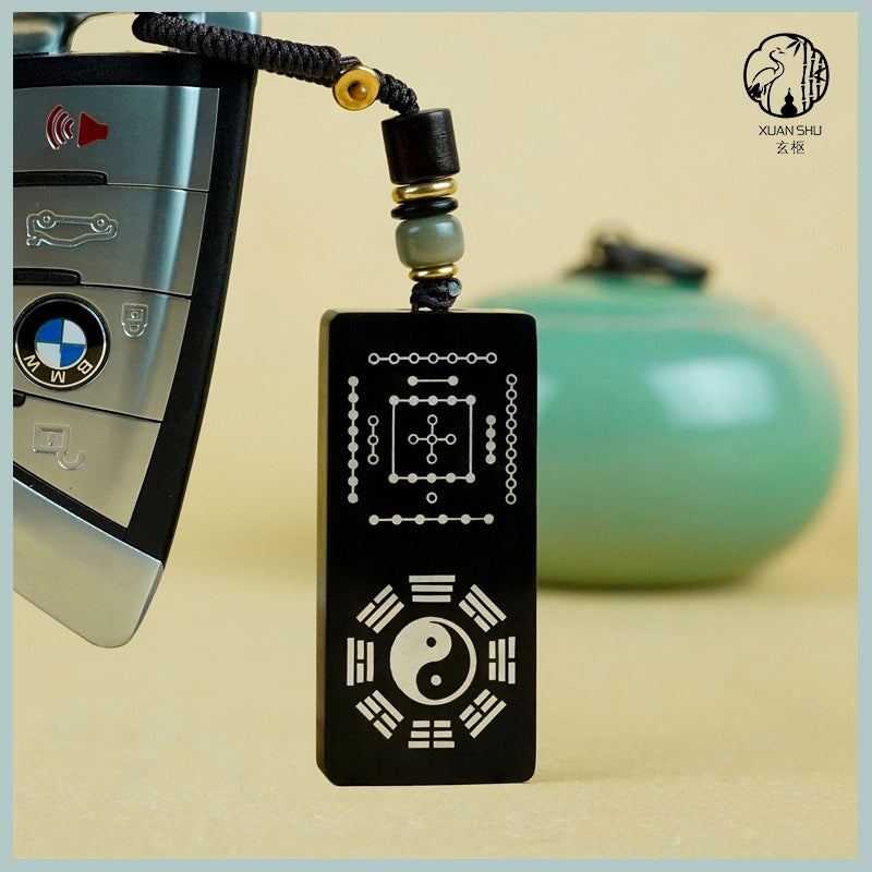Purple Sandalwood & Black Ebony Inlaid Silver Taiji Nan Luo Shu He Tu Keychain Pendant –spiritual protection balance and prosperity