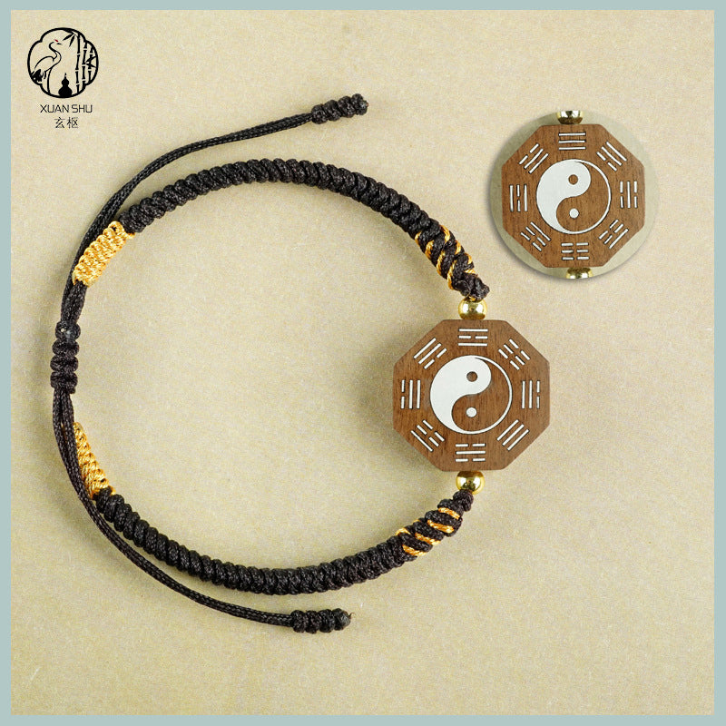 Zao Wood Inlaid Silver Taiji Bagua Braided Vajra Knot Bracelet - Handcrafted Spiritual Jewelry for Balance and Protection