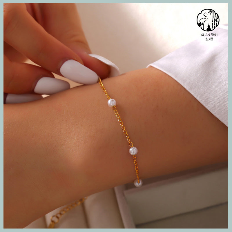 Gold-Plated Titanium Steel Pearl Beaded Necklace – Durable & Elegant Jewelry