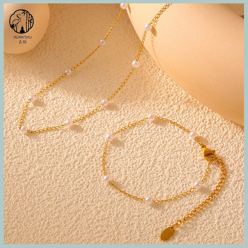 Gold-Plated Titanium Steel Pearl Beaded Necklace – Durable & Elegant Jewelry