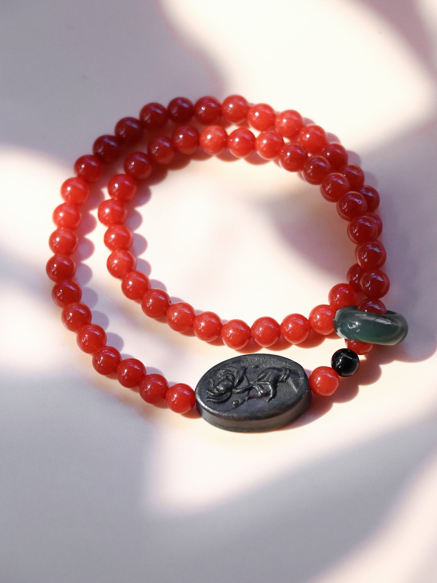 Spiritual Harmony Bracelet - Red Agate, Green Jade & Agarwood Rose Charm