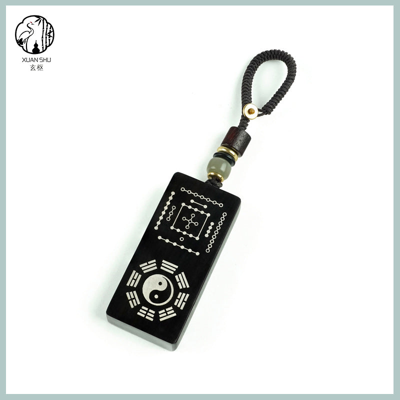 Purple Sandalwood & Black Ebony Inlaid Silver Taiji Nan Luo Shu He Tu Keychain Pendant –spiritual protection balance and prosperity