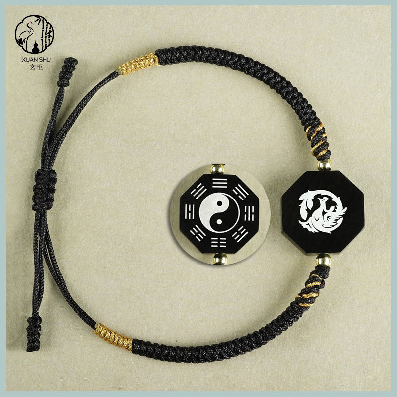 Zao Wood Inlaid Silver Taiji Bagua Braided Vajra Knot Bracelet - Handcrafted Spiritual Jewelry for Balance and Protection