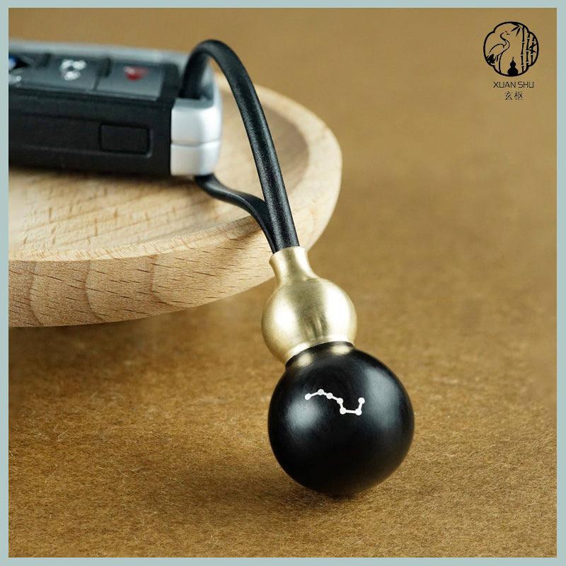 Solid Wood & Brass Gourd Keychain with Big Dipper Seven Stars | Feng Shui Protection and Cosmic Energy Balance