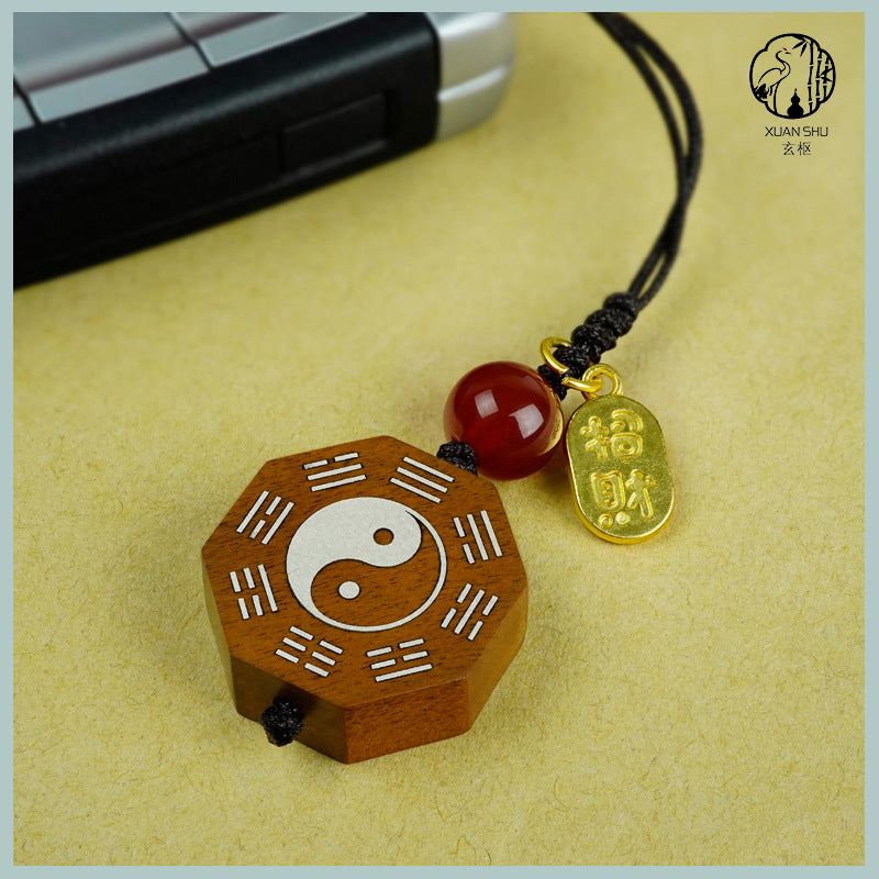 Zao Wood Inlaid Silver Bagua Taiji Pendant Mobile Chain Necklace - Taoist Spiritual Protection & Feng Shui Charm