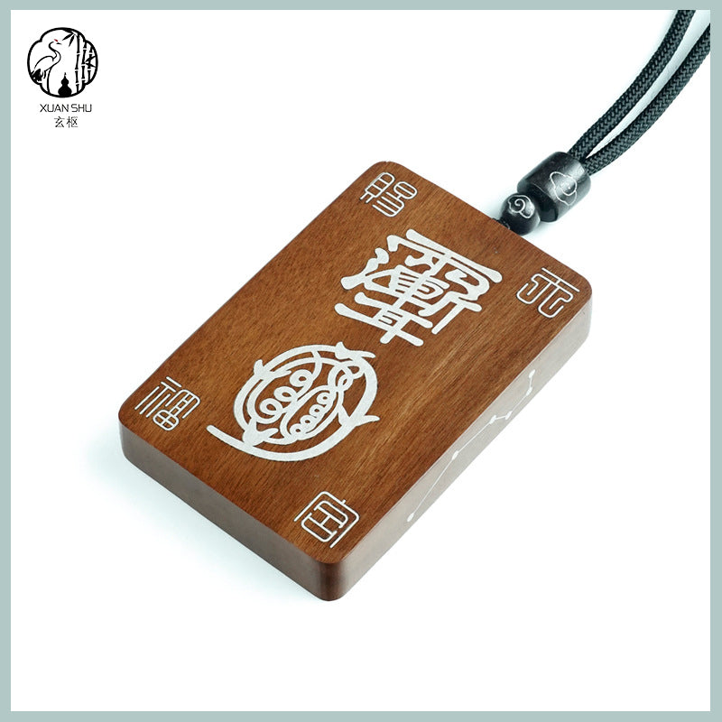 Black Ebony and Zao Wood Silver Inlaid Golden Light Mantra Pendant – Taoist Spiritual Protection and Harmony