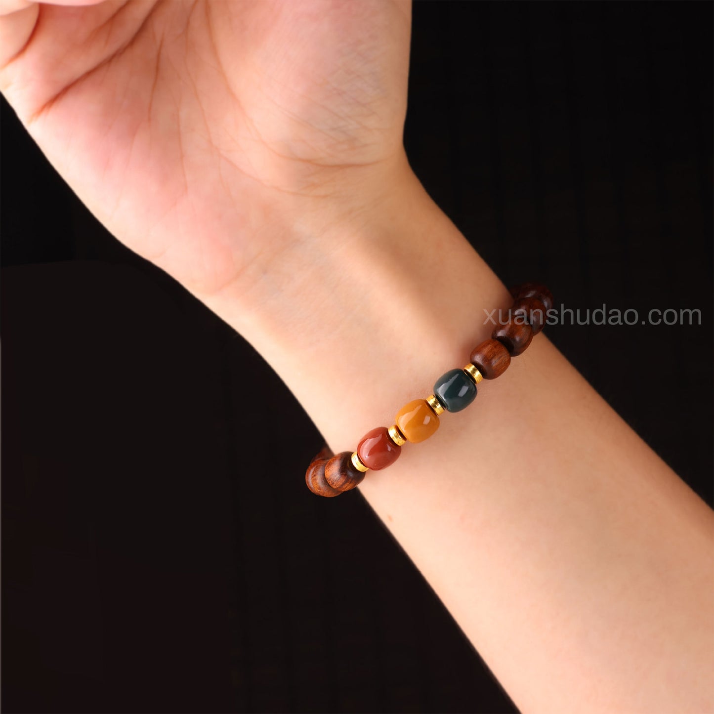Black Rosewood Single Strand Bracelet with Red Yellow Green Bodhi Beads - For Energy Balancing & Grounding