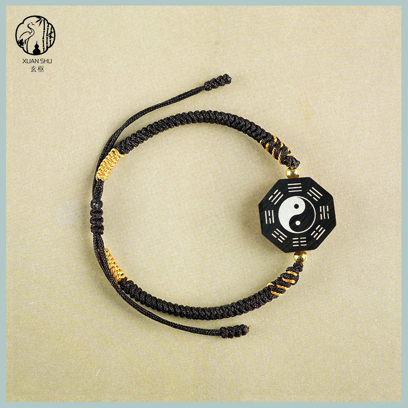 Zao Wood Inlaid Silver Taiji Bagua Braided Vajra Knot Bracelet - Handcrafted Spiritual Jewelry for Balance and Protection