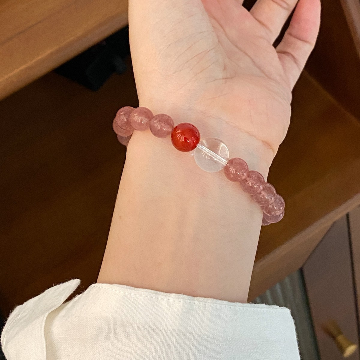 Pink Strawberry Quartz & Red Agate Crystal Bracelet – Enhance Relationships & Love Energy