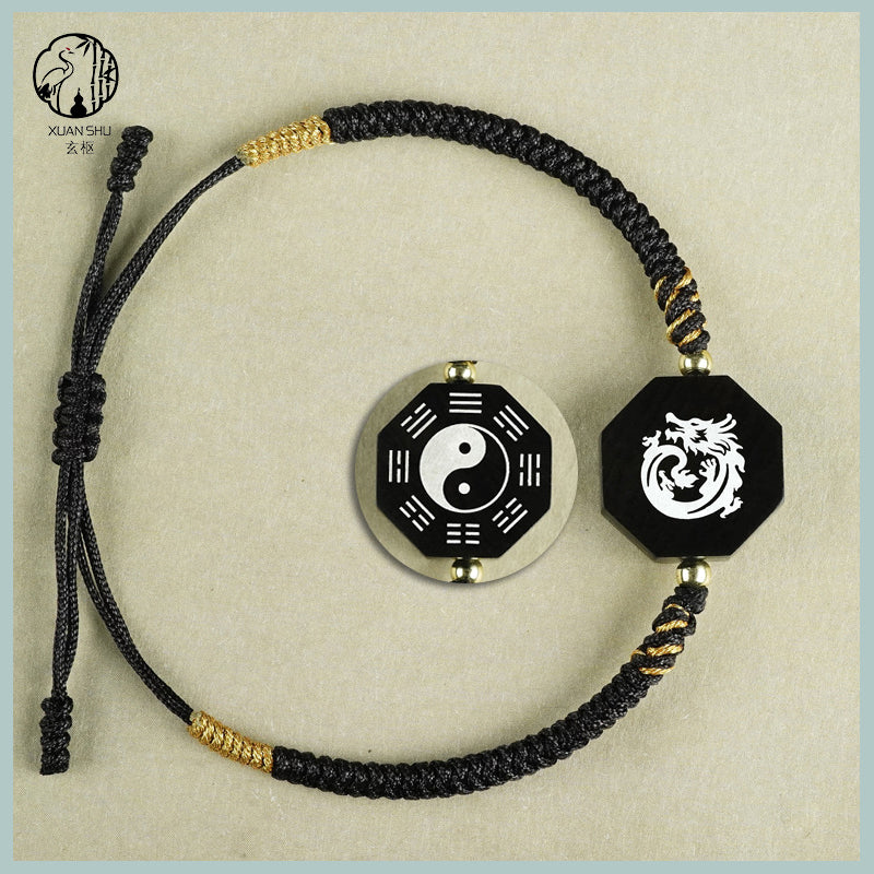 Zao Wood Inlaid Silver Taiji Bagua Braided Vajra Knot Bracelet - Handcrafted Spiritual Jewelry for Balance and Protection