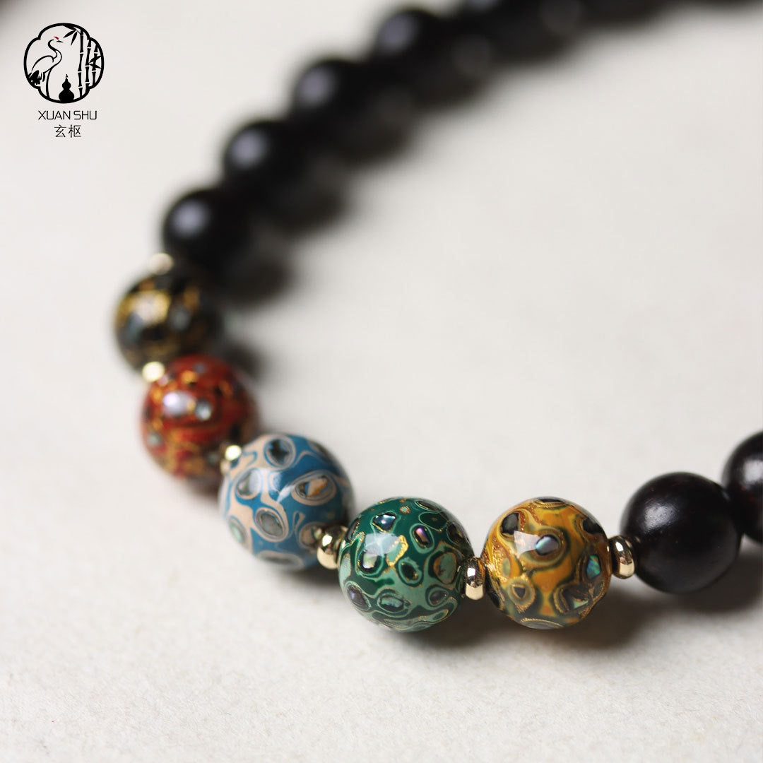 Indian Rosewood Inlaid mother of pearl inlay Lacquer Bead Bracelet - Harmonize the Five Elements and Attract Prosperity and Peace
