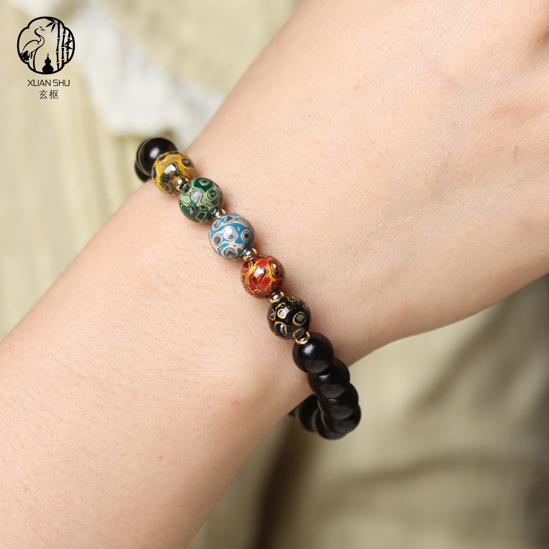 Indian Rosewood Inlaid mother of pearl inlay Lacquer Bead Bracelet - Harmonize the Five Elements and Attract Prosperity and Peace