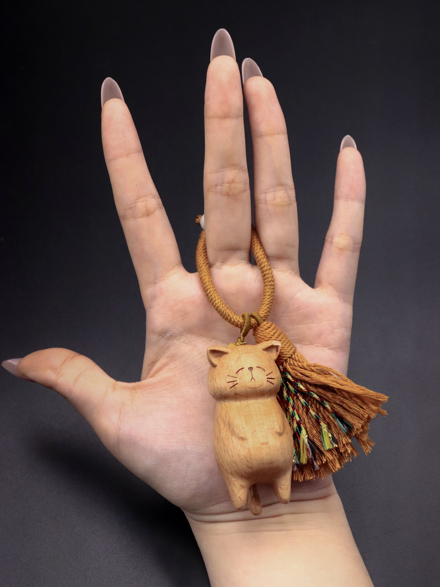 Walnut Wood Lazy Cat Keychain - Hand-Carved Cute Cat Bag Charm with Tassel XUANSHU