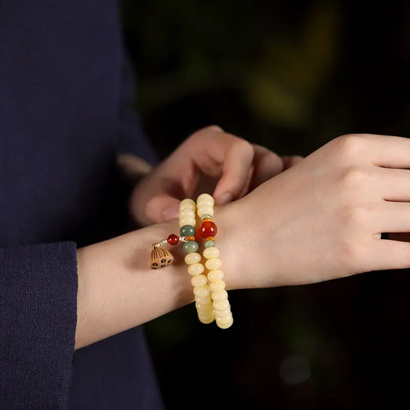 White Jade Milk Bean Bodhi Abacus Beads Double Strand Peach Wood Lotus Pod Bracelet - Longevity and Immortality