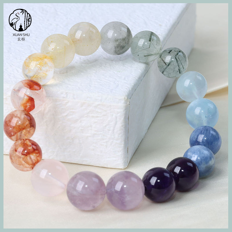 Multi-Gem Crystal Bracelet – Red & Yellow Resin Flowers, Amethyst, Lavender Quartz, Blue Kyanite, Aquamarine, Green Rutilated Quartz & Mystic Crystal Beads