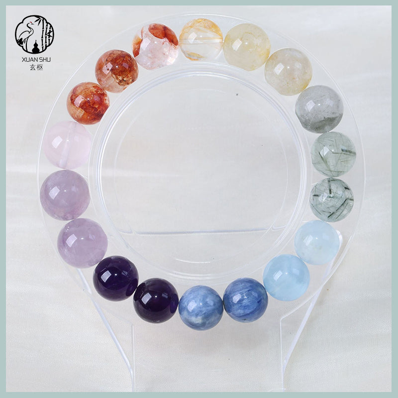Multi-Gem Crystal Bracelet – Red & Yellow Resin Flowers, Amethyst, Lavender Quartz, Blue Kyanite, Aquamarine, Green Rutilated Quartz & Mystic Crystal Beads