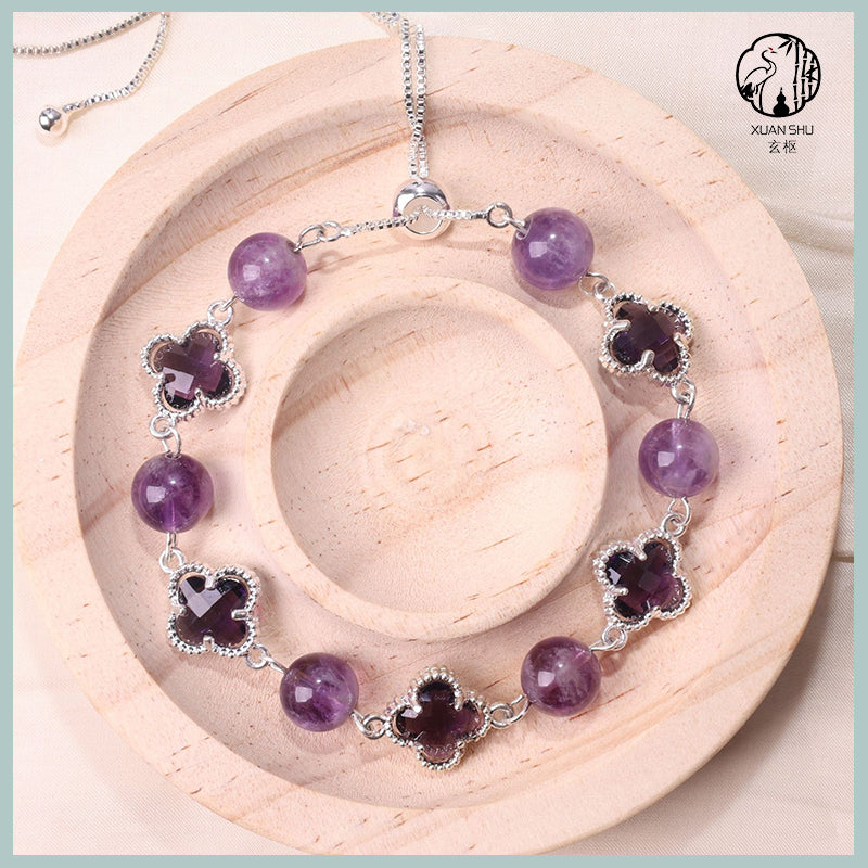 Natural Amethyst Four-Leaf Clover Bracelet Lucky & Healing Crystal Jewelry